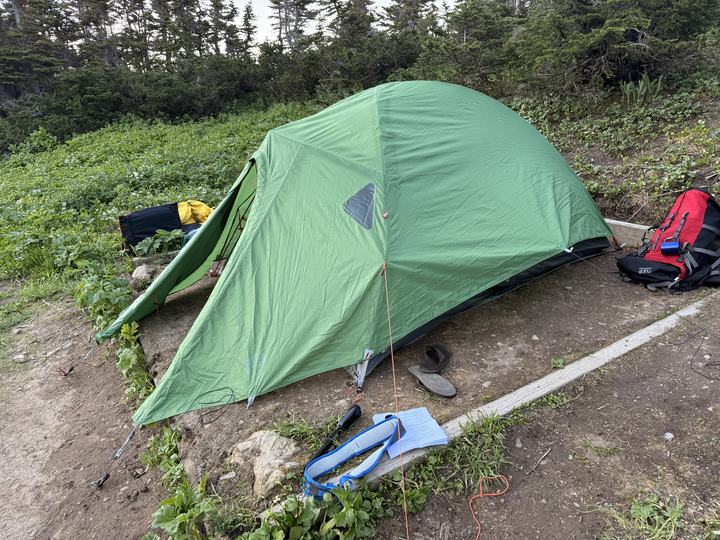 The tent pitched on a tent pad at the Windfall Lake campsite