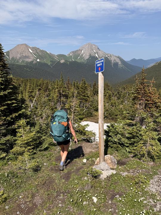 Stacie hiking past a Circular Route marker post in the alpine