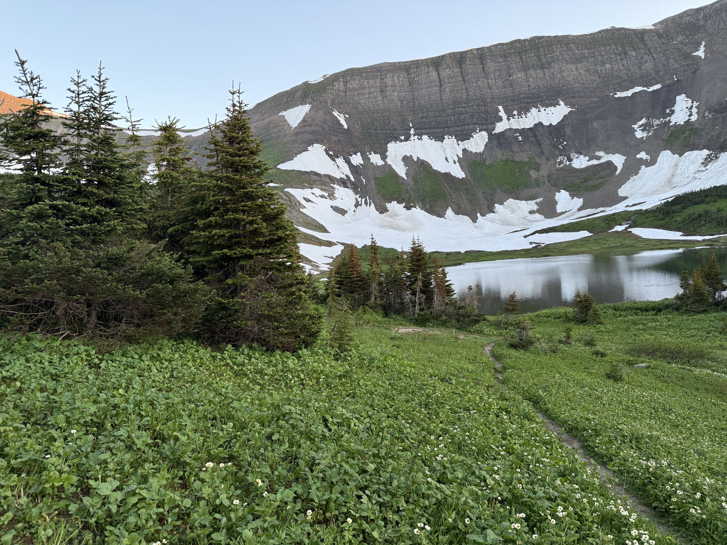 Windfall Lake below its snow-streaked headwall, with the trail through the alpine meadow, Tumbler Ridge