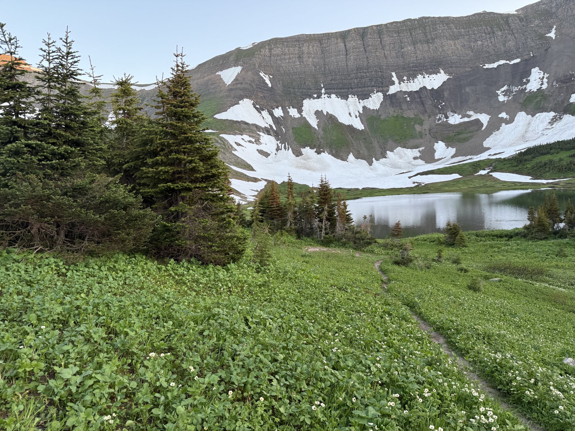 The layered cliffs of the Windfall Lake headwall with late snowfields above the lake and forest