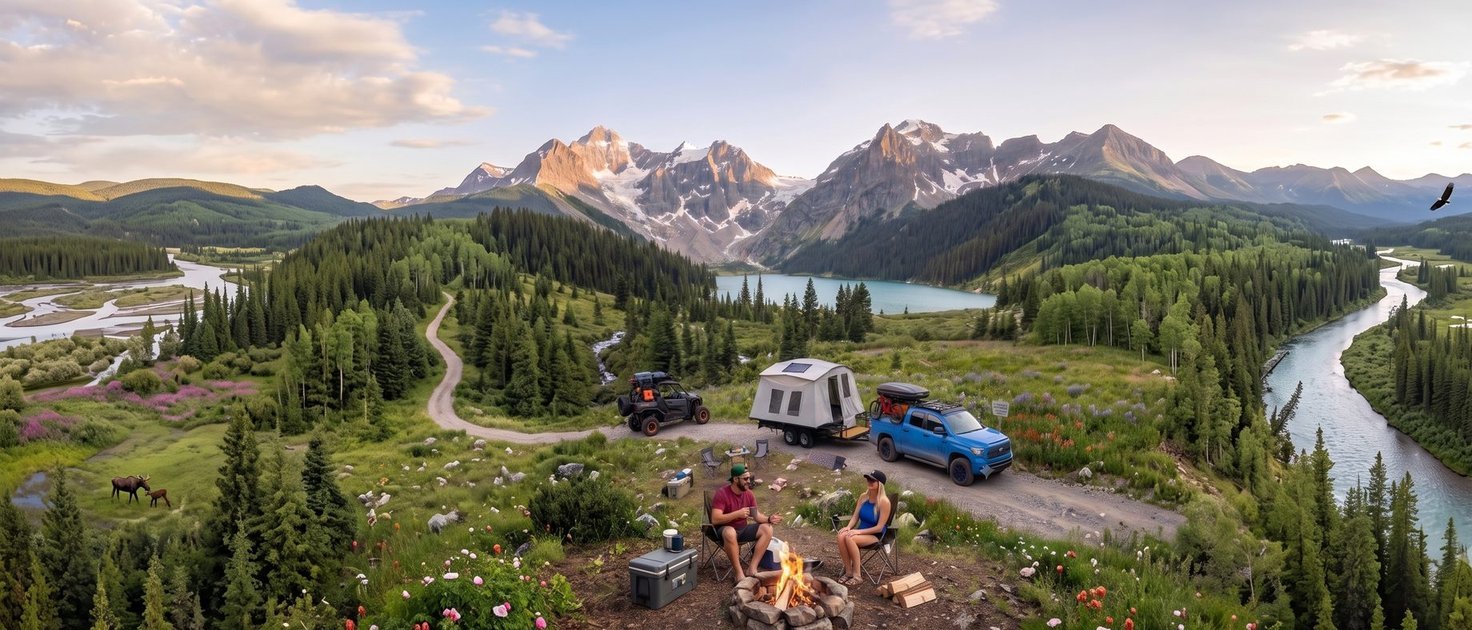 The Blackout trailer set up as basecamp in the mountains