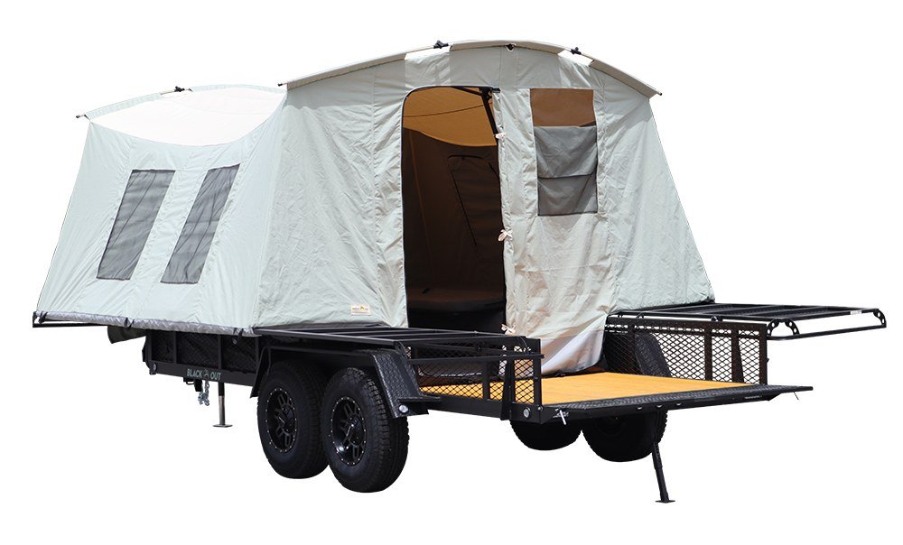 The Blackout trailer with its hard-sided tent folded out off the deck
