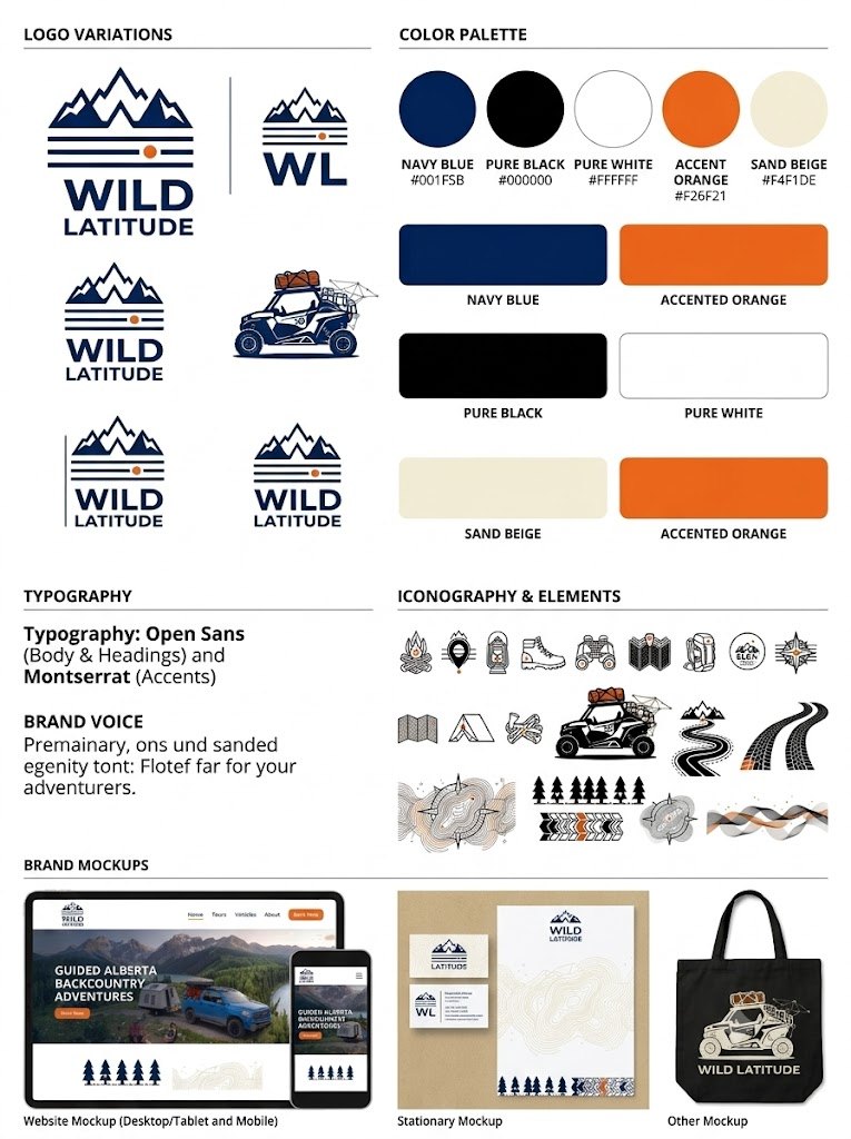 The Wild Latitude brand sheet: logo, colour palette, typography and topographic line elements