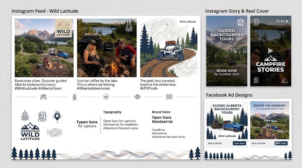 Wild Latitude social media post mockups using the brand colours and topographic lines