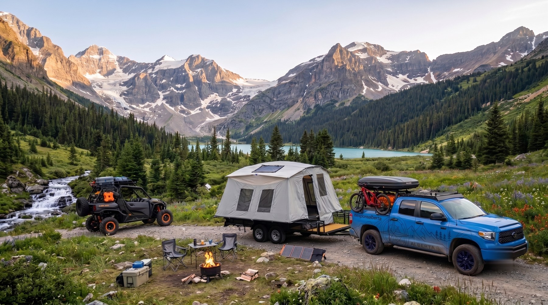 The full setup at a mountain camp: the Tundra, the Can-Am Commander, and the Jumping Jack trailer folded out into a tent