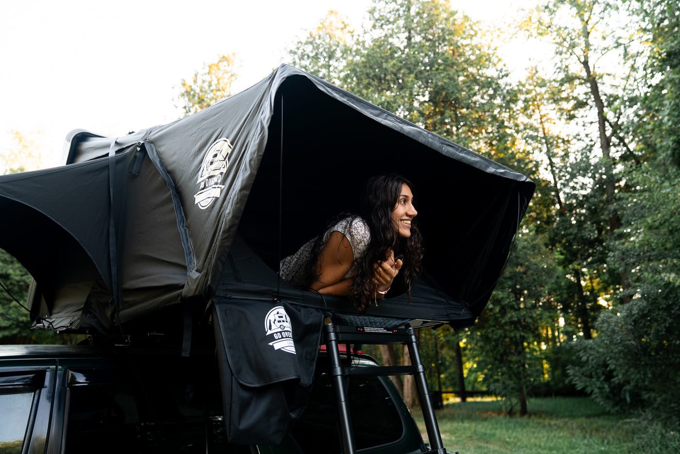 Looking out from inside an open rooftop tent