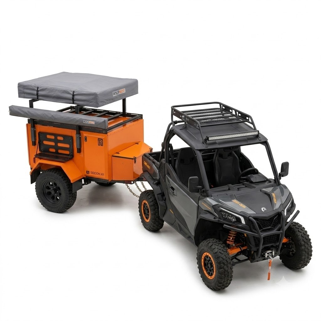 Concept render of the trailer hitched to a Can-Am Commander with the rooftop tent closed