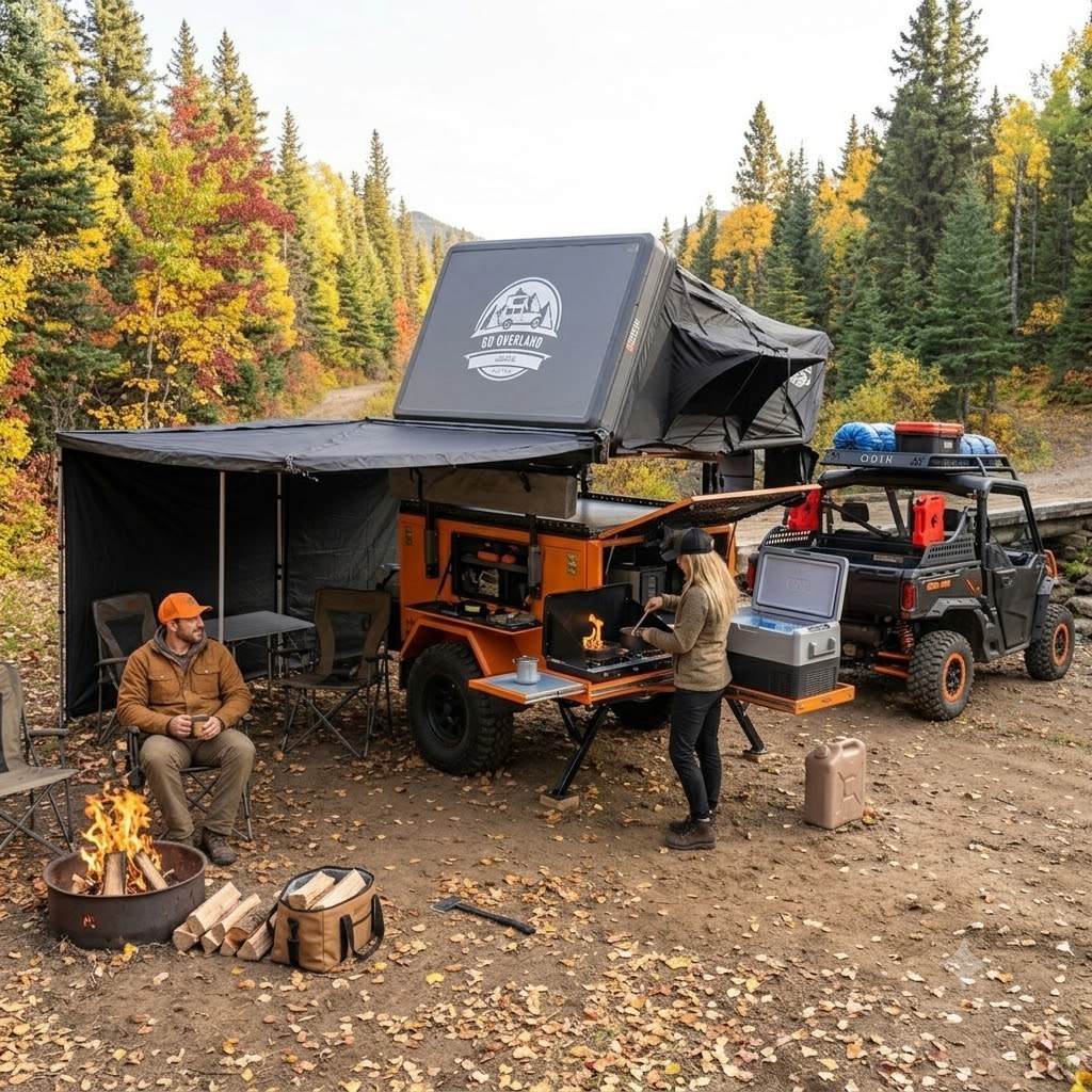 Concept render of the micro-overland trailer at camp with the tent up