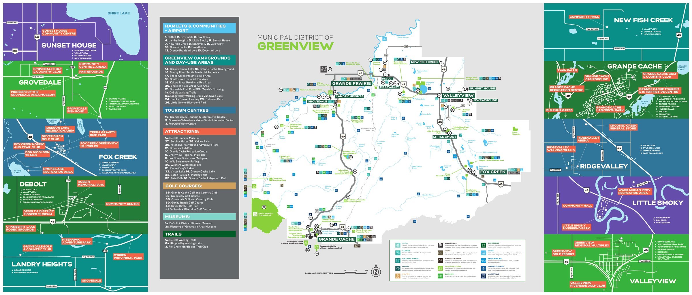 MD of Greenview recreation and tourism map showing campgrounds, day-use areas, attractions and trails across the district