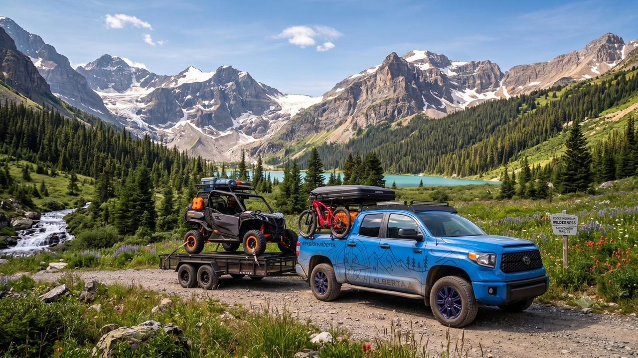 Still from the Explore and Experience Greenview tourism film: the rig in a mountain valley