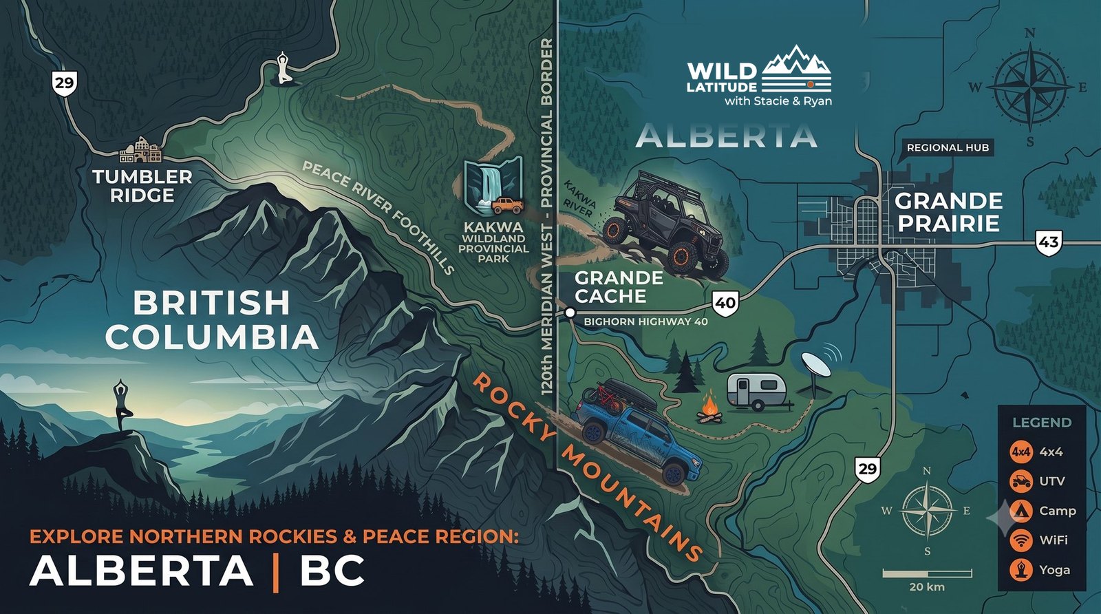 Map of the Wild Latitude region: Tumbler Ridge and northeastern British Columbia through to Grande Cache, the Kakwa and Grande Prairie in northwestern Alberta