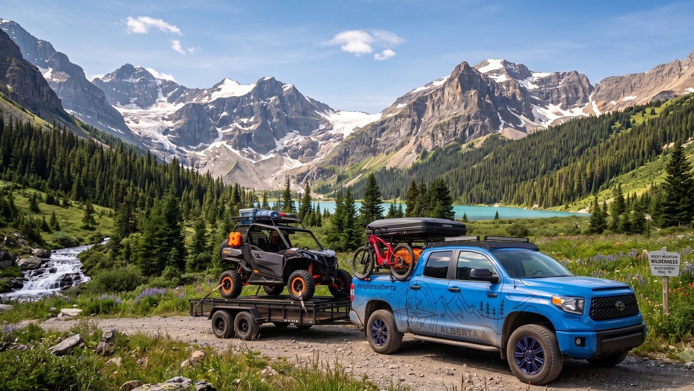 The Tundra and the Commander on the trailer in the mountains