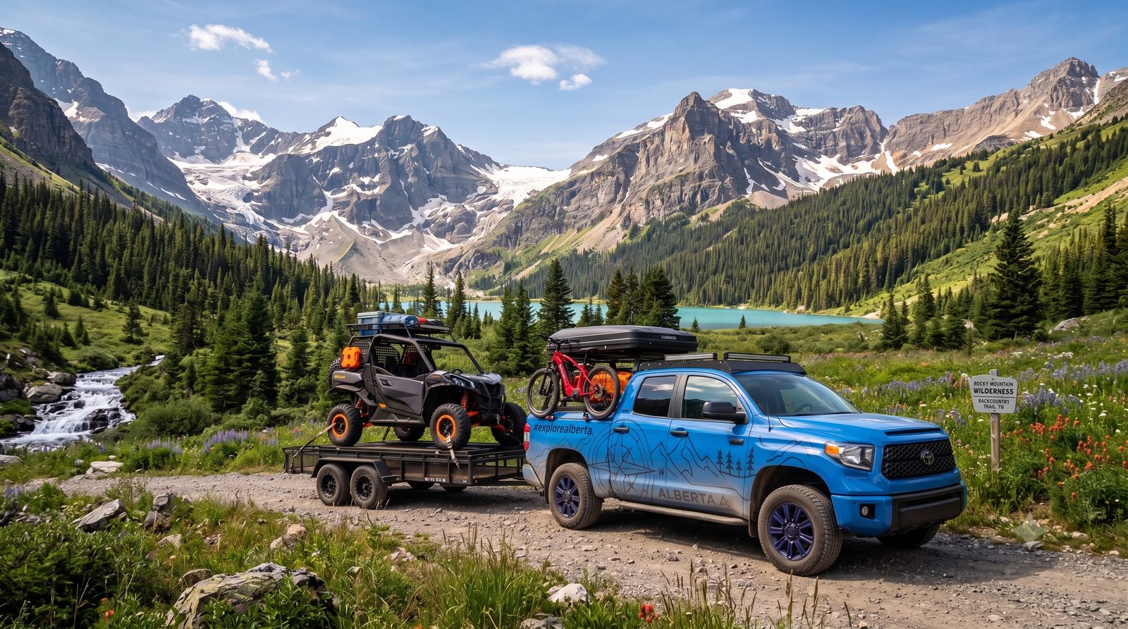 Blue Tundra and Can-Am trailer in the Rocky Mountains
