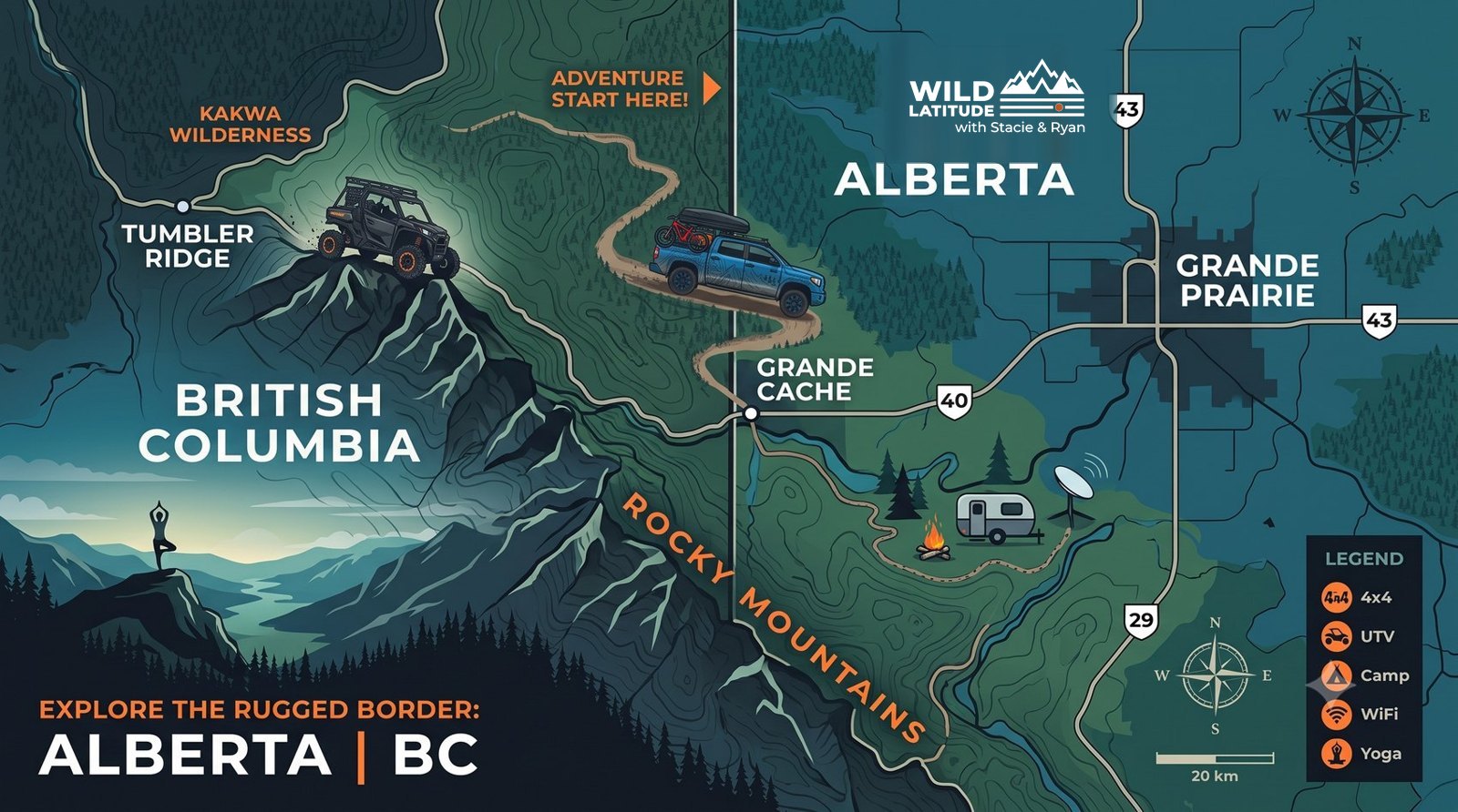 Illustrated route map from Grande Prairie down Highway 40 to Grande Cache and the Kakwa, across to Tumbler Ridge