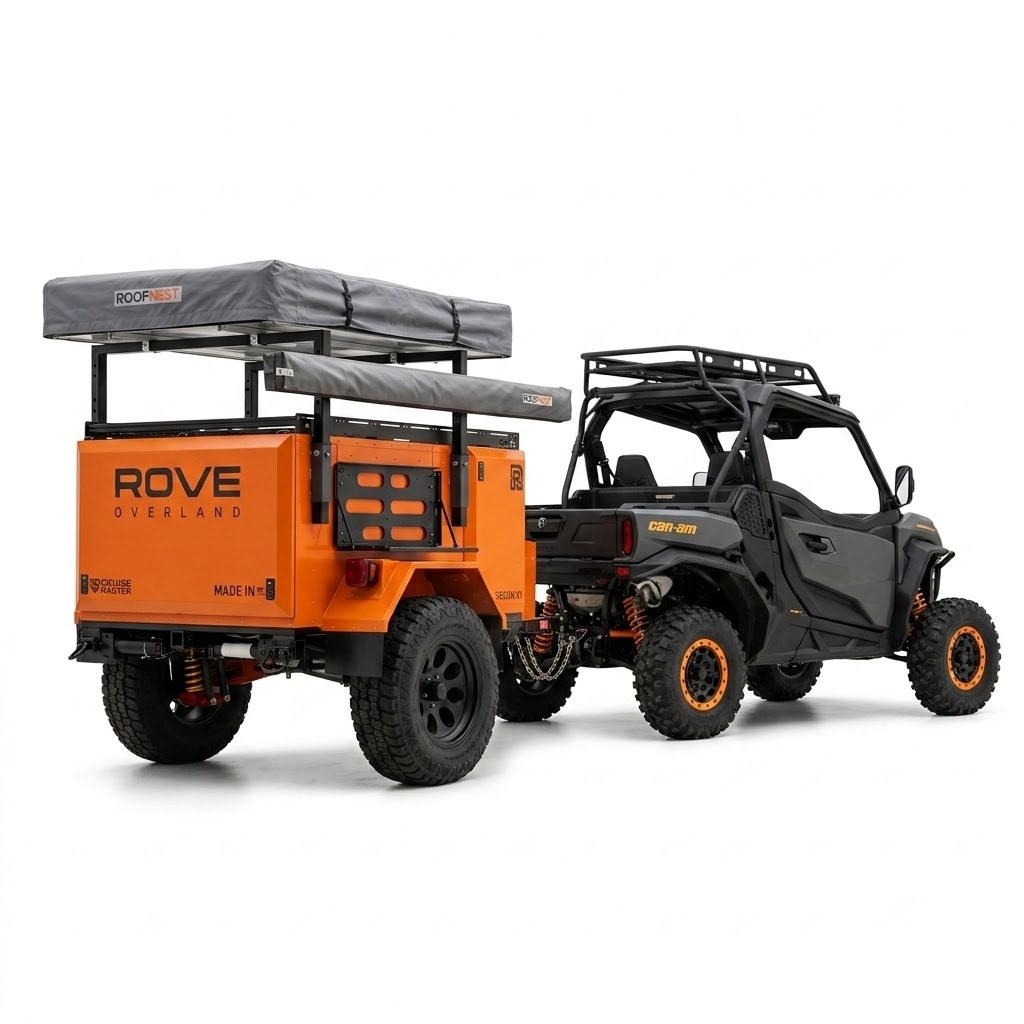 Concept render of the Rove Overland micro overlander from three-quarter rear, showing the rear hatch, MOLLE panel, and the hitch to the Commander