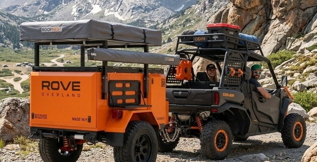 Concept render of the Can-Am Commander towing the Rove Overland trailer up a rocky alpine track