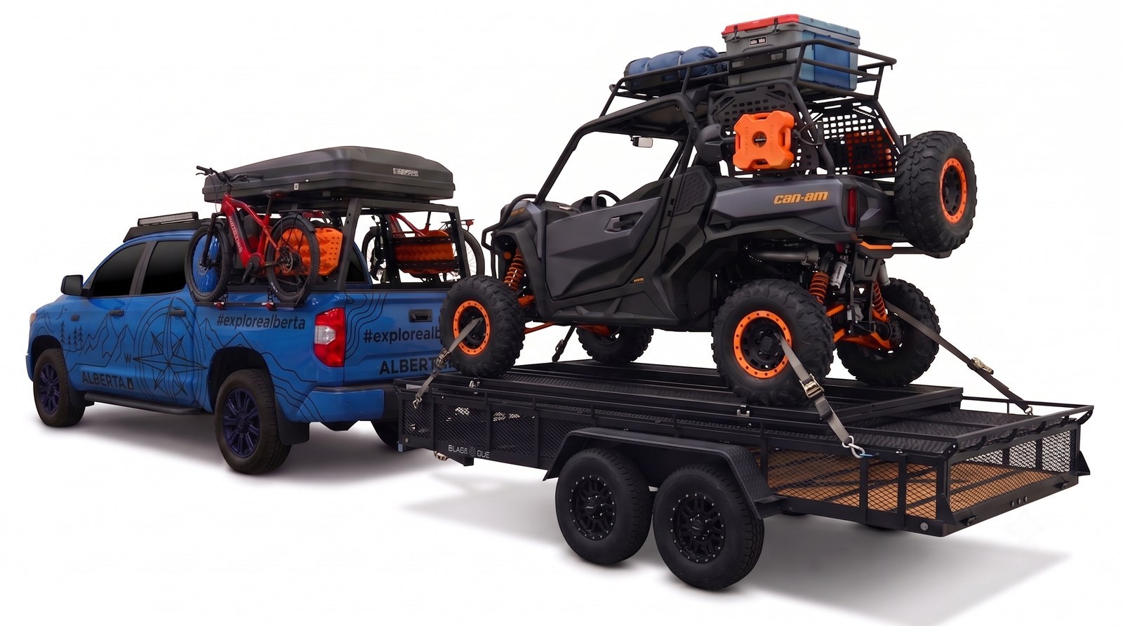 The Tundra hitched to the trailer with the Can-Am Commander loaded on the deck