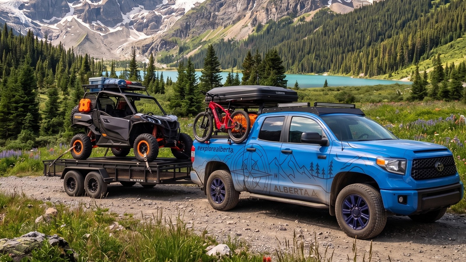 The Tundra in the Rockies with the Commander on the trailer behind it